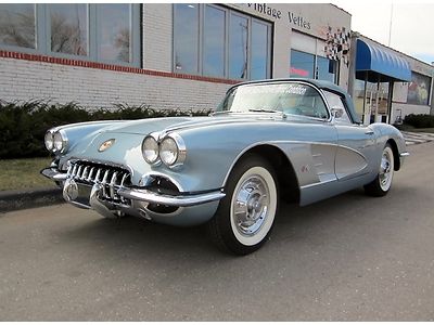 1958 corvette convertible c1 silver blue white top flight chrome classic dreamy!