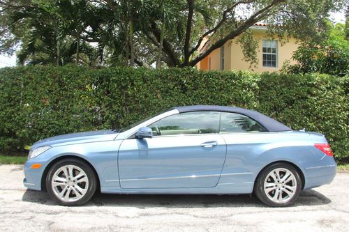 Mercedes e350 cabriolet with blue top and almond/mocha interior.