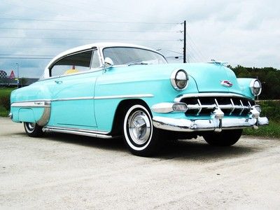 1954 chevy bel-air 2 door coupe!! blue/white!! 235/3-speed!! laser straight body