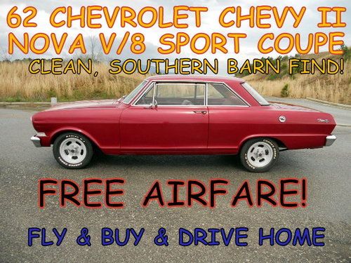 Clean southern barn find 62 chevy ii nova v/8 sport coupe free airfare fly &amp; buy