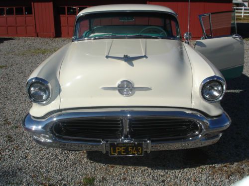 1956 oldsmobile ninety eight 4 door holiday with rocket v-8 blue and white